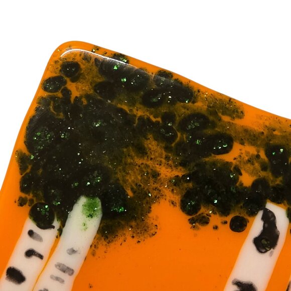 Birch Tree Fused Glass Art Orange Glitter Green Wood Nature Artsy OOAK Vintage - Picture 5 of 16
